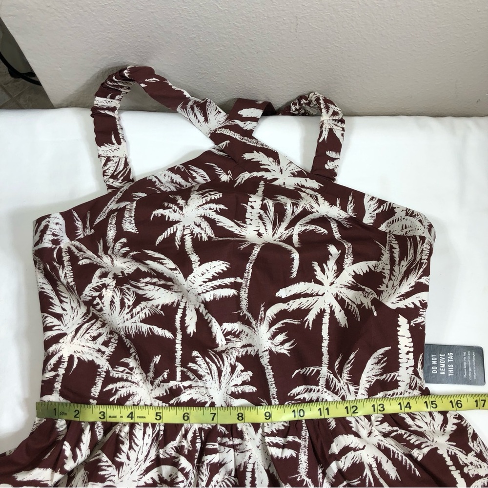 Express Cotton Blend Brown White Tropical Halter Neck Summer Brunch Midi Dress M - Picture 13 of 15